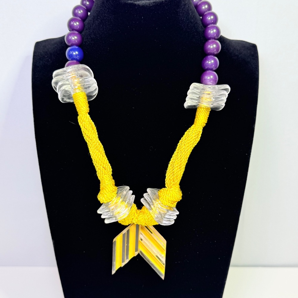 Vintage Avant Garde Purple Yellow Chunky Acrylic Cord Statement Necklace Retro